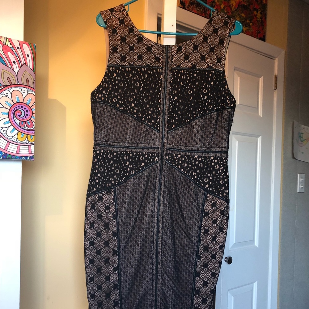 Black n cream lace n leather cocktail dress